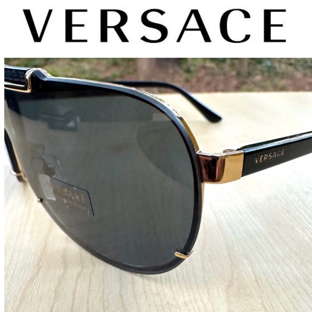 VERSACE for men NEW SUNGLASSES modern shield style black silver gold with case